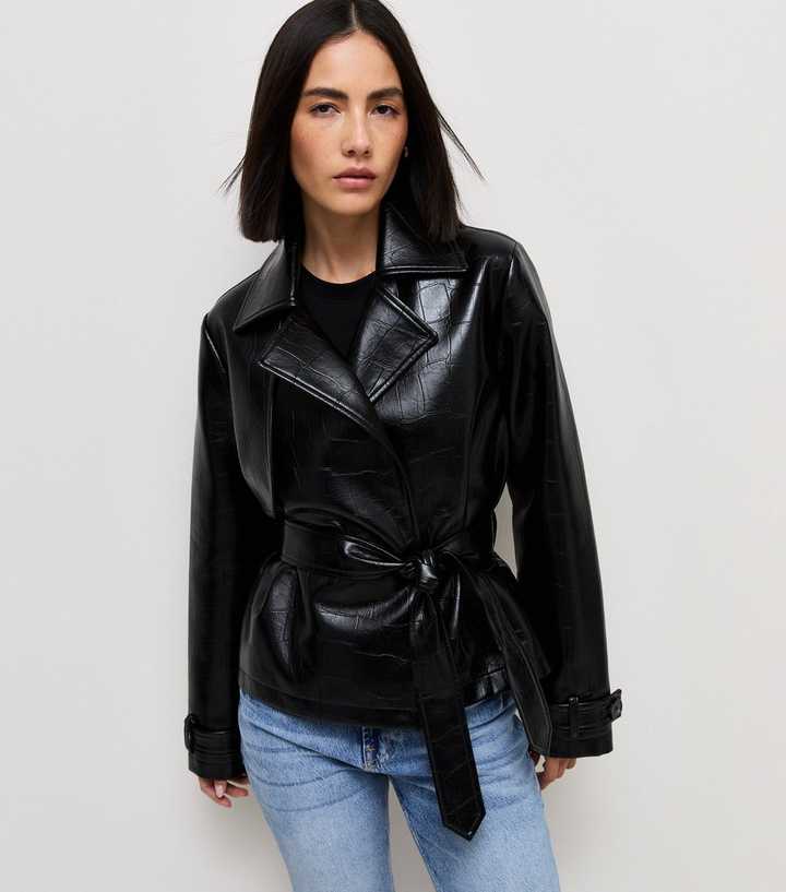 Black Patent Faux Leather Crocodile Embossed Tie Waist Jacket