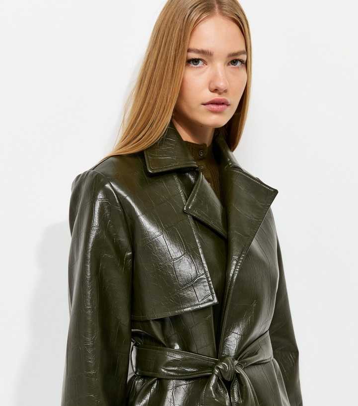 Dark Khaki Patent Faux Leather Crocodile Embossed Tie Waist Jacket