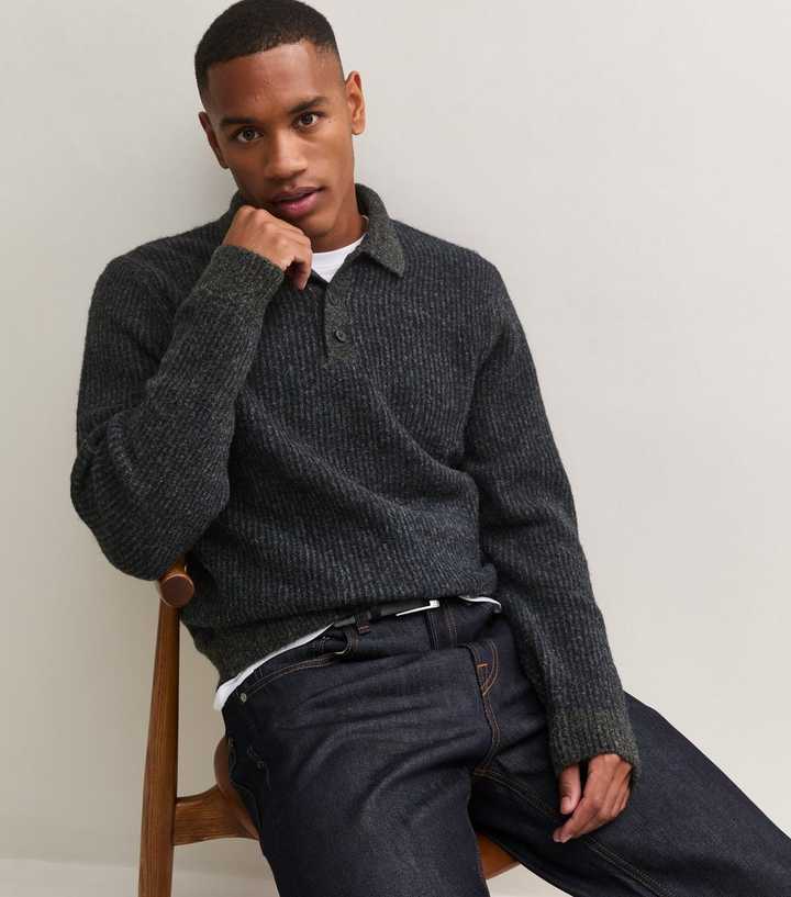 Jack & Jones Blue Regular Ribbed Polo Jumper