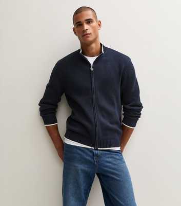 Jack & Jones Navy Cotton Rich Contrast Trim Zipped Jumper