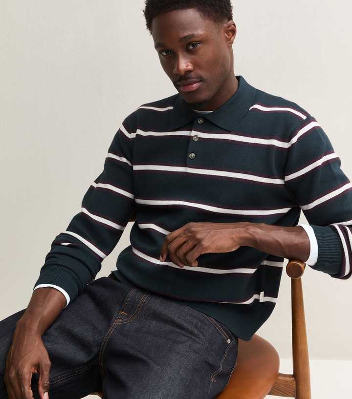 Jack & Jones Navy Knitted Stripe Long Sleeve Polo Shirt
