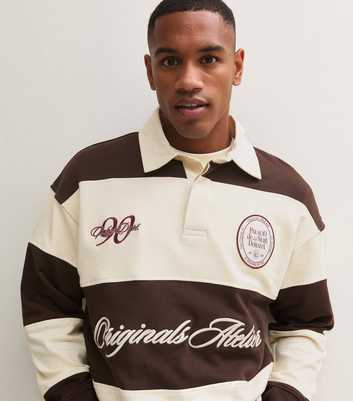 Jack & Jones Dark Brown Striped Graphic Embroidered Polo Long Sleeve Top
