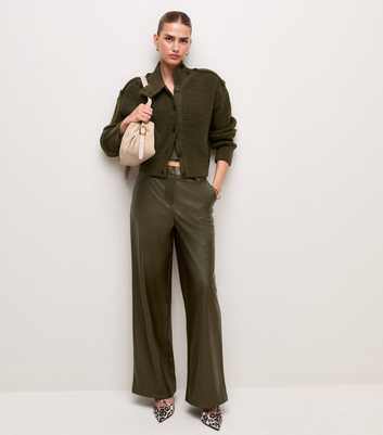 Light Khaki Faux Leather Wide Leg Trousers