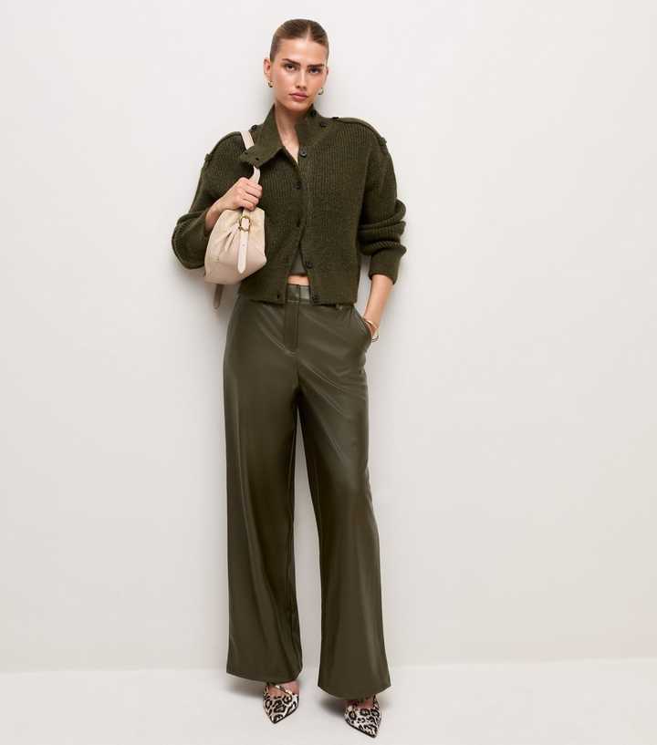 Light Khaki Faux Leather Wide Leg Trousers