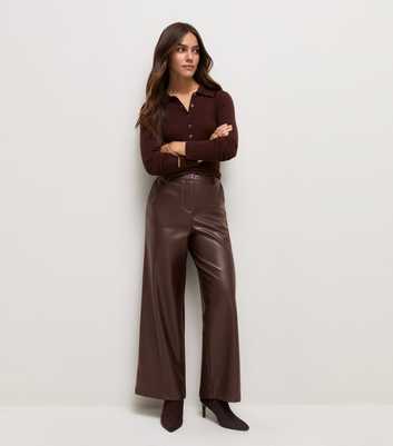 Petite Dark Brown Faux Leather Wide Leg Trousers
