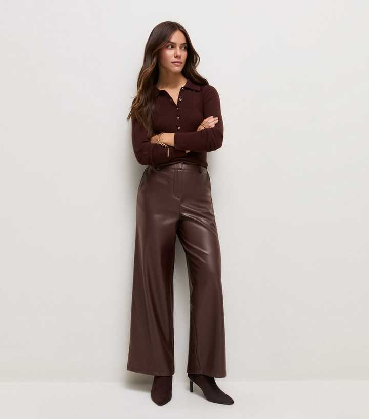 Petite Dark Brown Faux Leather Wide Leg Trousers