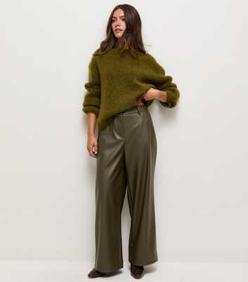 Petite Light Khaki Faux Leather Wide Leg Trousers