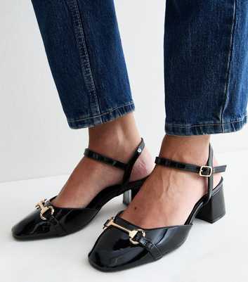 Wide Fit Black Faux Patent Leather Two Part Block Heels