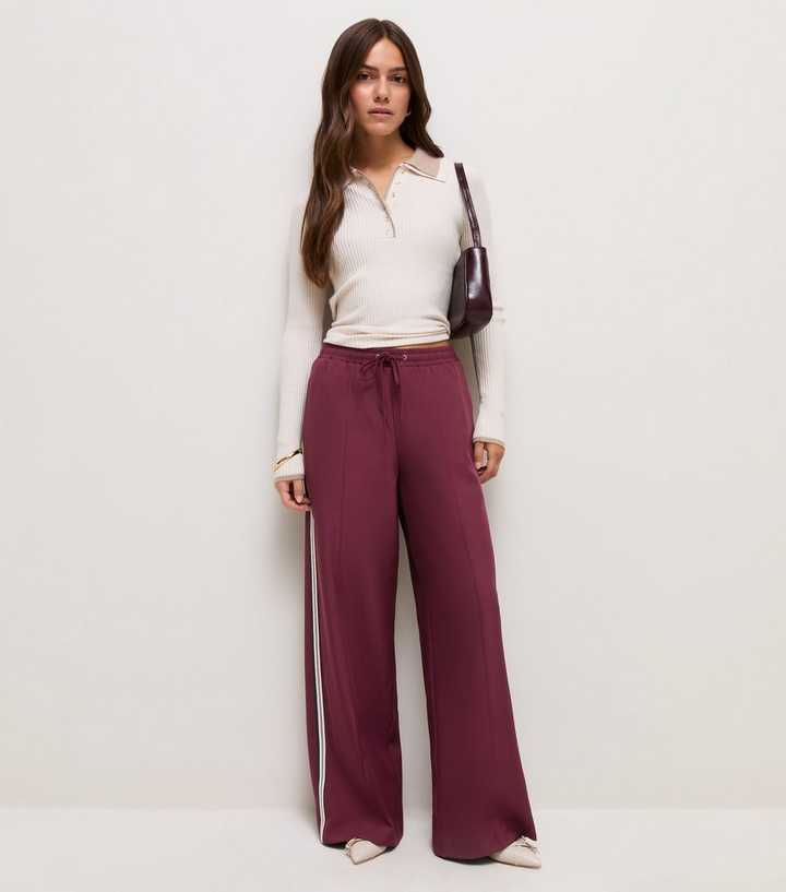 Petite Dark Burgundy Side Stripe Wide Leg Trousers