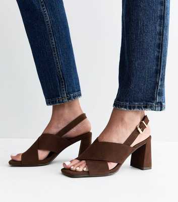 Dark Brown Faux Suede Cross Over Block Heel Sandals