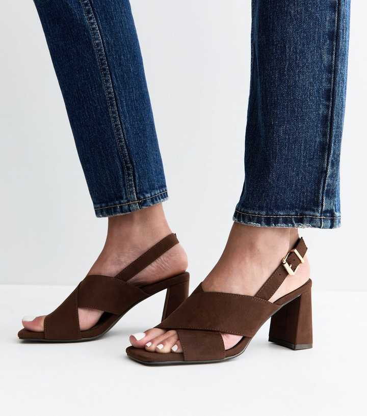 Dark Brown Faux Suede Cross Over Block Heel Sandals