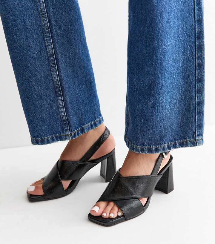 Black Faux Leather Cross Over Strap Block Heel Sandals