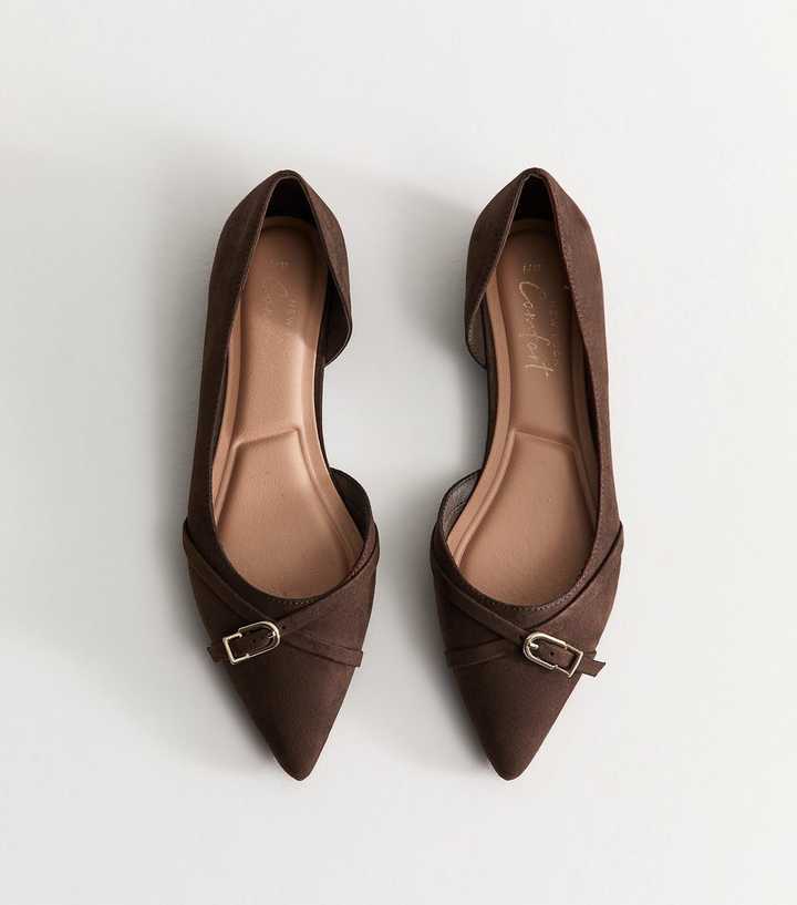 Dark Brown Faux Suede D'Orsay Buckle Pointed Toe Flats