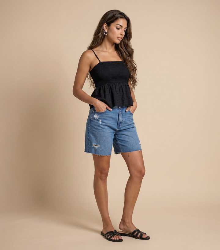 Urban Bliss Black Cotton Shirred Strappy Top