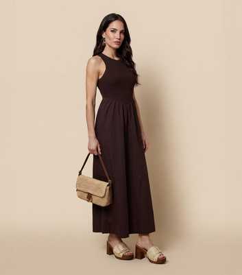 Urban Bliss Brown Ribbed Poplin Midi Dress