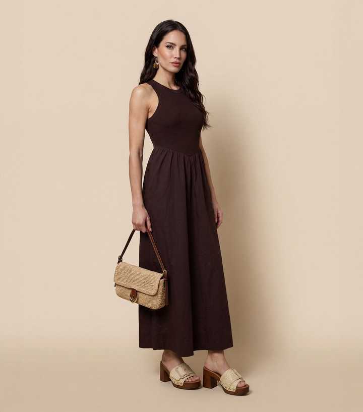 Urban Bliss Brown Ribbed Poplin Midi Dress