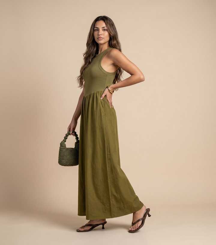 Urban Bliss Light Khaki Ribbed Poplin Midi Dress