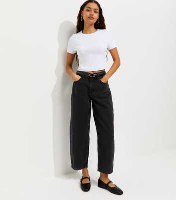 Petite Black Cotton Tapered Ankle Barrel Leg Jeans