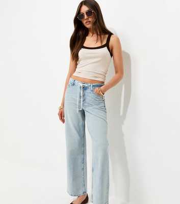 Light Blue Drawcord Waist Wide Leg Denim Jeans