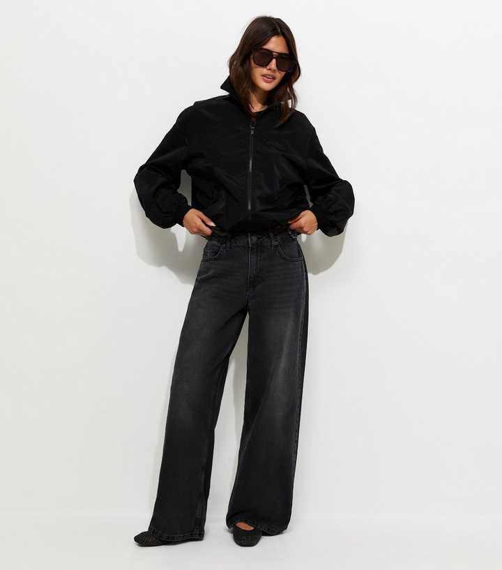 Washed Black Distressed Wash Wide Leg Jeans