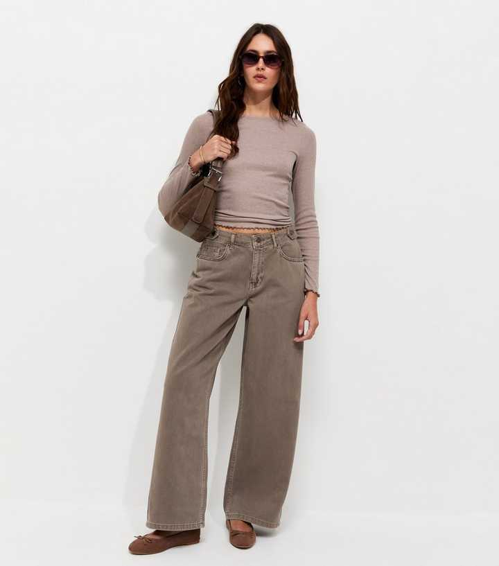 Brown Distressed Wash Wide Leg Jeans