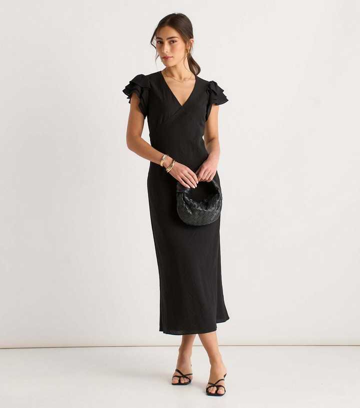 Gini London Black V Neck Ruffle Midi Dress
