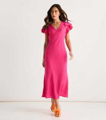 Gini London Dark Pink V Neck Ruffle Midi Dress