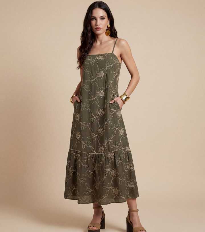Urban Bliss Khaki Embroidered Maxi Dress