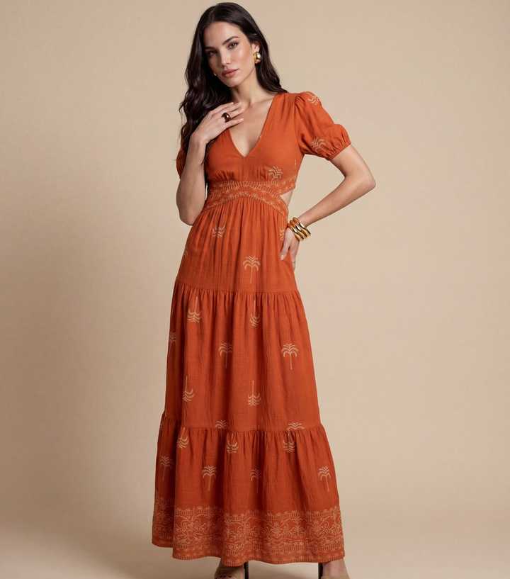 Urban Bliss Burnt Orange Open Back Tiered Maxi Dress