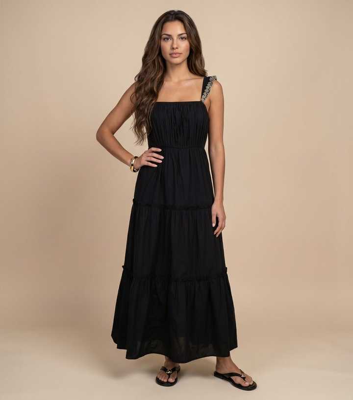 Urban Bliss Black Embroidery Ruffle Strap Tiered Maxi Dress