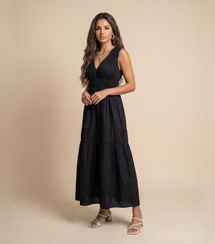 Urban Bliss Black Cotton Poplin Ruched Maxi Dress
