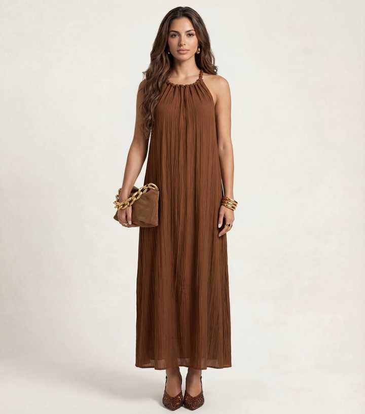 Urban Bliss Tan Braided Neck Trim Maxi Dress