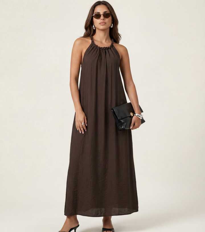 Urban Bliss Brown Braided Neck Trim Maxi Dress