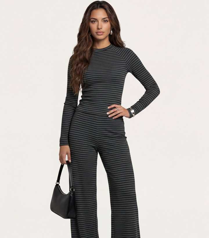 Urban Bliss Grey Jersey Striped Wide Leg Trousers