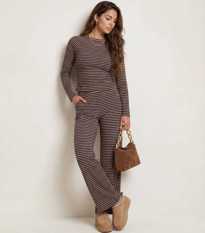 Urban Bliss Brown Striped Jersey Wide Leg Trousers