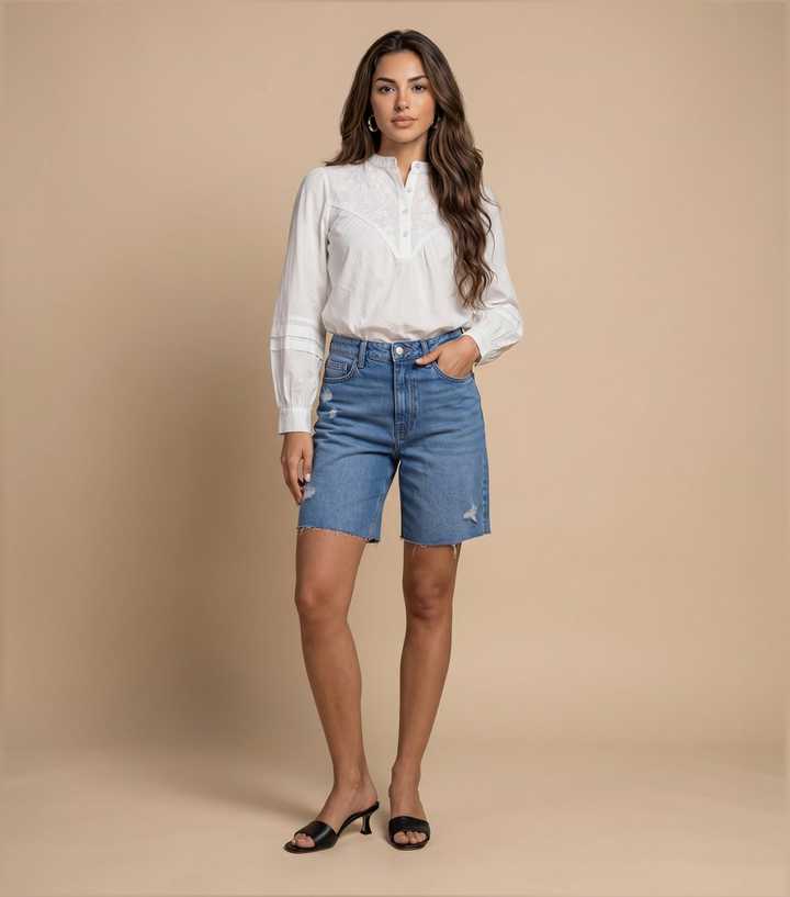 Urban Bliss Cotton Cream Floral Embroidered Shirt