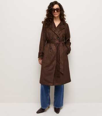 Petite Dark Brown Faux Suede Longline Trench Coat