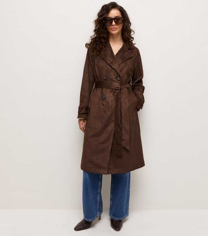 Petite Dark Brown Faux Suede Longline Trench Coat