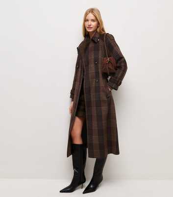 Tall Brown Check Pattern High Neck Belted Trench Coat
