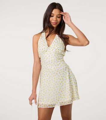 Pink Vanilla Yellow Floral Mesh Halterneck Mini Dress