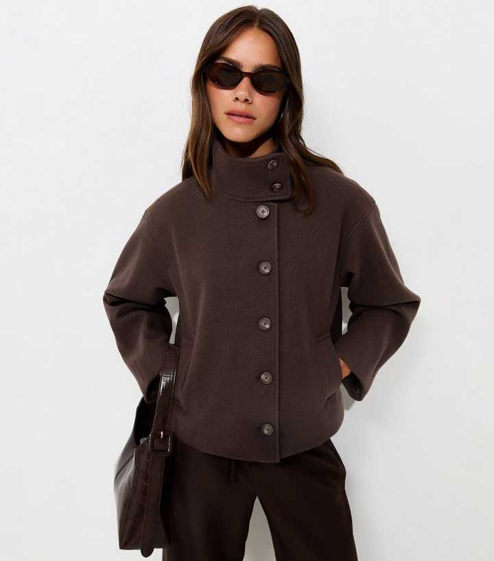 Petite Dark Brown Funnel Neck Jacket
