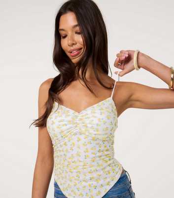 Pink Vanilla Yellow Floral Mesh Ruched Cami Top