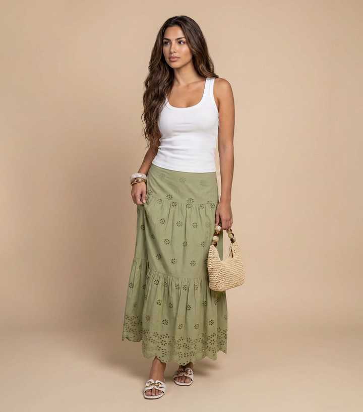 Urban Bliss Bright Light Khaki Broderie Anglaise Maxi Skirt