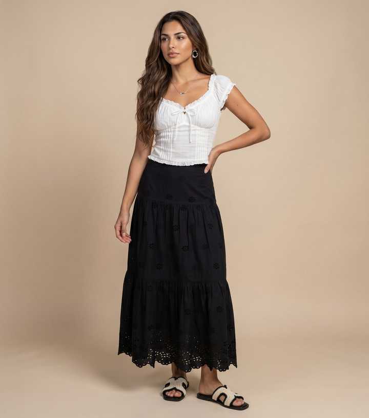 Urban Bliss Black Cotton Broderie Anglaise Maxi Skirt