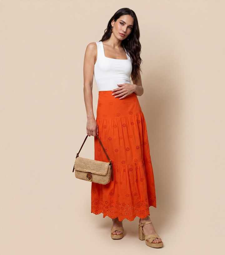 Urban Bliss Bright Orange Cotton Broderie Anglaise Maxi Skirt