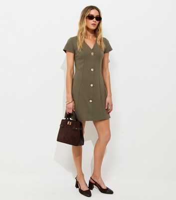 Dark Khaki Cotton Rich Golden Button Ponte Mini Dress