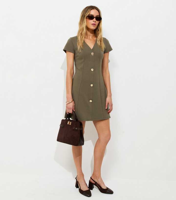 Dark Khaki Cotton Rich Golden Button Ponte Mini Dress