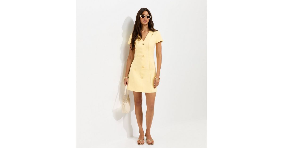 Light Yellow Cotton Rich Golden Button Ponte Mini Dress | New Look