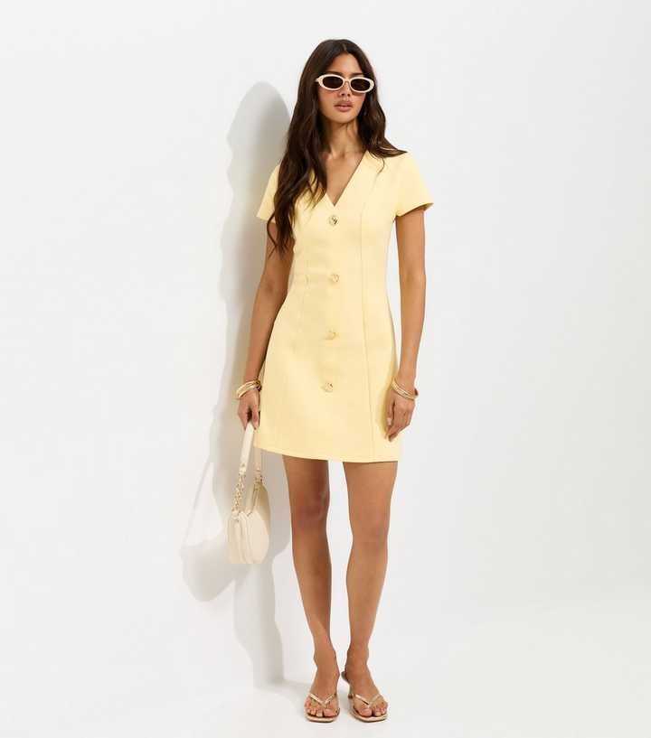 Light Yellow Cotton Rich Golden Button Ponte Mini Dress