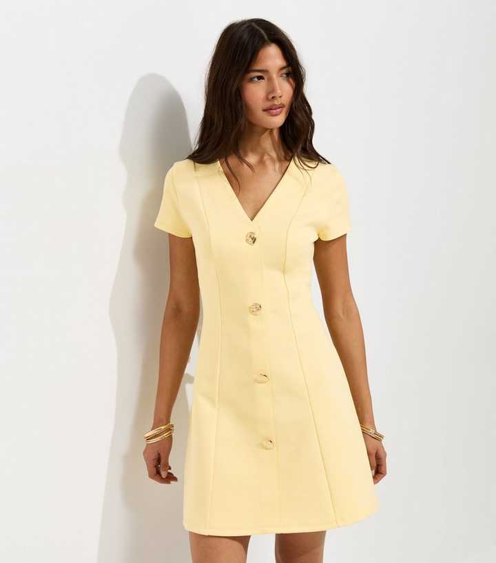 Light Yellow Cotton Rich Golden Button Ponte Mini Dress | New Look Light Yellow Cotton Rich Golden Button Ponte Mini Dress | New Look